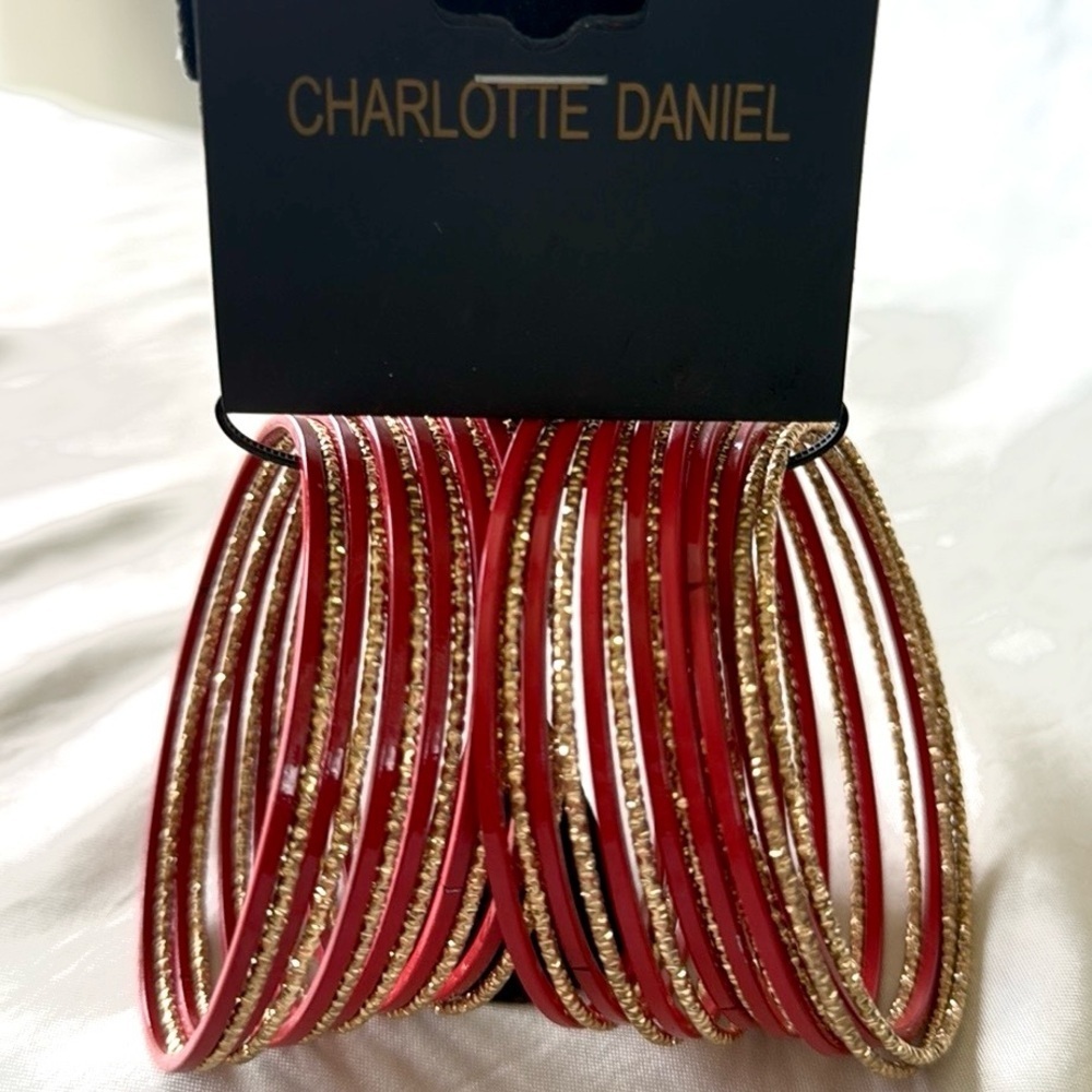 Charlotte Daniel New Bangle Set Red and Gold Bangles Thin (26 pcs)